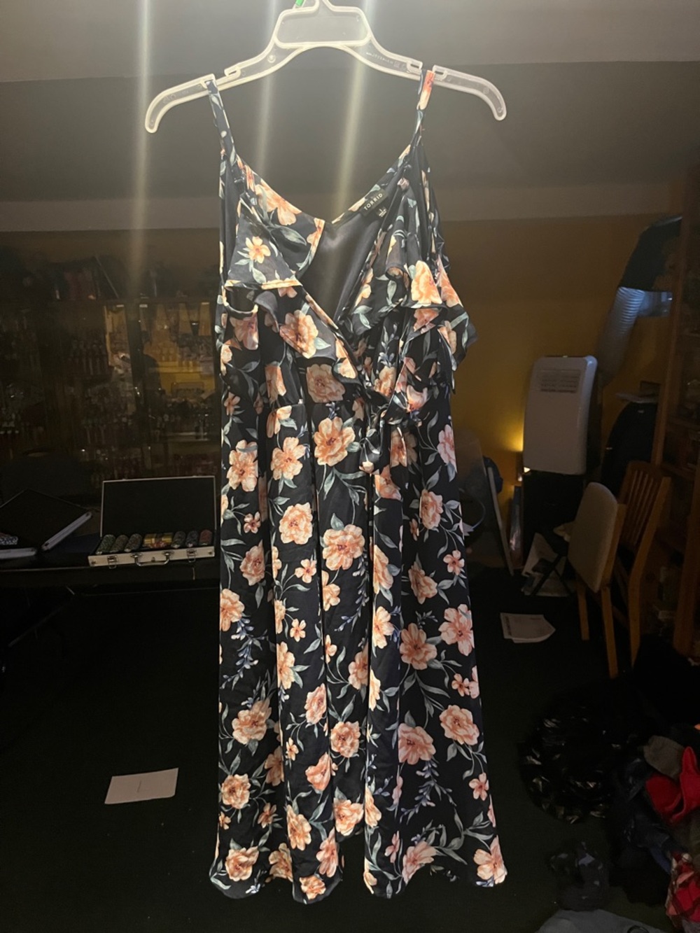 Navy Floral Ruffle-Trim Maxi Dress with Peach Blooms